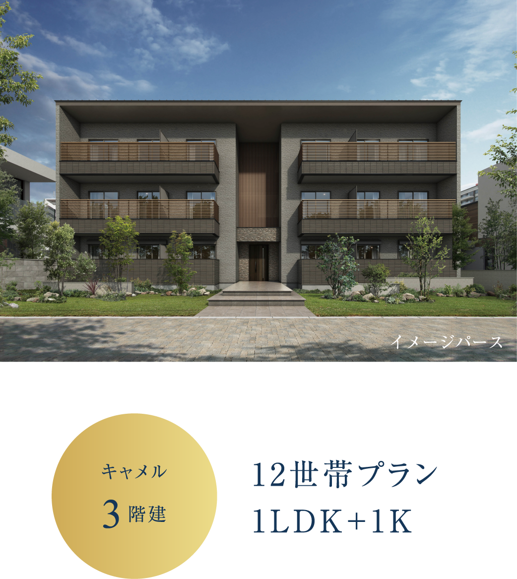 キャメル3階建、12世帯プラン、1LDK＋1K