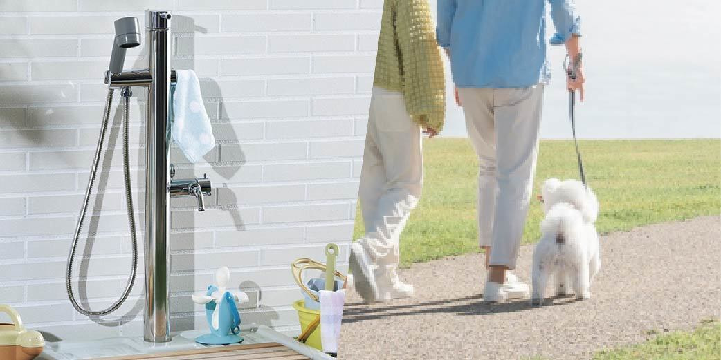 屋外でシャワーやお湯が利用可能。 ペットのシャンプーにも便利。